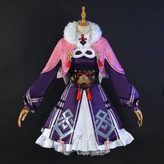 the costume is purple and white with pink trims, an elaborate design on the chest