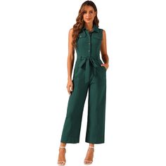 Looking cool is an easy job when you're wearing this sleeveless jumpsuit. Check off the summer trend with this khaki jumpsuit, which is cut from comfy woven cotton and fitted with slant pocket. This button up jumpsuit brings modern charm with its defining waist tie. Working nine to five just got a little more fun with this elastic back jumpsuit. Green Sleeveless Cotton Jumpsuit, Green Sleeveless Cotton Jumpsuits And Rompers, Sleeveless Green Cotton Jumpsuits And Rompers, Sleeveless Solid Color Jumpsuits For Work, Sleeveless Workwear Jumpsuits And Rompers, Casual Sleeveless Solid Denim Jumpsuit, Sleeveless Khaki Jumpsuits And Rompers For Summer, Casual Sleeveless Jumpsuits And Rompers For Work, Sleeveless Khaki Jumpsuit With Pockets