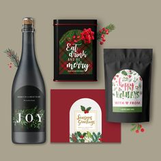 christmas gifts and wine are on display with holiday greetings in front of the bottle