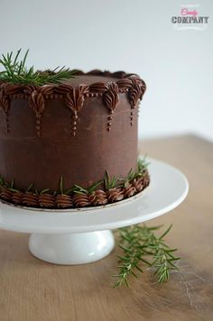 a chocolate cake sitting on top of a white plate next to a green sprig