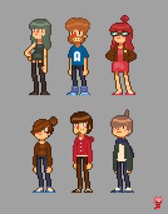 some pixel art style people with different outfits and haircuts, all wearing glasses