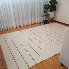 a white rug with black lines on it in front of a curtained window and potted plant