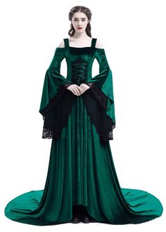 Material: Stretch Velvet Neckline: Off-the-Shoulder Silhouette: A-line Sleeve Length: Long Trumpet Sleeves Dresses Length: Floor Length with Tail Dnd Fashion, Elegant Dress Long, Trumpet Sleeve Dress, Stile Harry Potter, Medieval Gown, Costume Noir, Robes Vintage, Medieval Costume, Medieval Dress