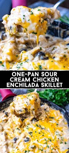 an image of a skillet filled with cream chicken enchilada skillet