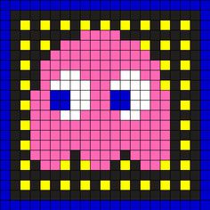 an image of a pixellated pink and yellow object with blue eyes on black background