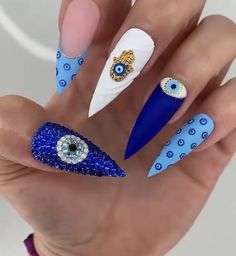 Eye Of Protection Nails, Mahadev Nail Art, Aquarius Nails Designs, Turkish Eye Nails, Chakra Nails, Evil Eye Nails Design, Beautiful Wedding Nails, Latest Nails, Evil Eye Nails