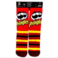 Odd Sox Pringles Crew Socks Brand New With Tags Unisex Mens/Womens Shoe Sizes 6-13 Crew Height Red, Brown, Yellow Large Pringles Logo On Each Sock 70% Cotton, 15% Nylon, 15% Spandex