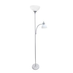 the floor lamp is white and has two lights on each side, with one light turned off