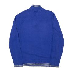 Item is in good used condition. Age 14-16. >Size: L >Armpit To Armpit: 19" >Armpit To Cuff: 16" >Collar To Hem: 24" Blue Knit Polo Sweater With Ribbed Collar, Casual Blue Knitted Polo Sweater, Blue Cotton Textured Knit Sweater, Blue Textured Knit Cotton Sweater, Casual Blue Turtleneck Sweater, Blue Cotton Knit Sweater, Blue Cotton Polo Sweater With Ribbed Cuffs, Blue Polo Sweater For Winter, Blue Winter Polo Sweater