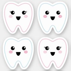 four tooth stickers with different shapes and colors