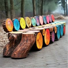 colorful logs are lined up on the ground in front of trees and brick walkways