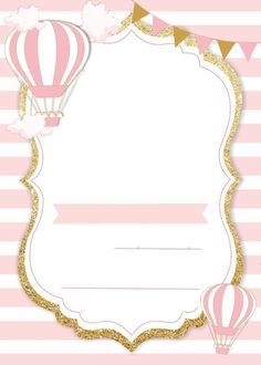 a pink and gold birthday card with hot air balloons in the sky, on a striped background