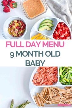 the meal is prepared and ready to be eaten with text overlay that reads full day menu 9 month old baby