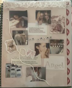 a spiral notebook with pictures and words on the cover, including an angel necklace hanging from it's side