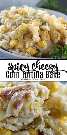 two pictures of corn and cheese casserole with the title above it in black text