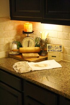 the kitchen counter is clean and ready for us to use in the night time hours