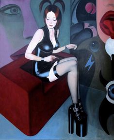 a painting of a woman sitting on top of a red box with her legs crossed