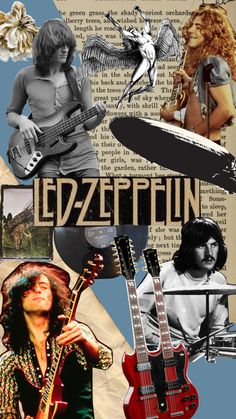 the collage has many different pictures and words on it, including an electric guitar