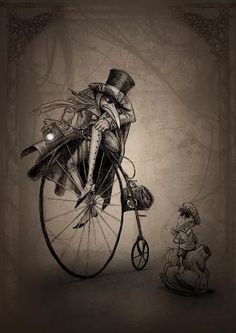 an elephant riding on the back of a bicycle next to a man in top hat