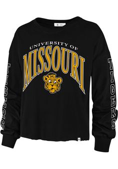 Display your Missouri Tigers spirit in this Mizzou Tigers Black T-Shirt! This Mizzou Tigers Skyler Long Sleeve T-Shirt makes a great layer for cooler nights cheering on the Tigers. Featuring a screen print team name and logo on center chest, this Missouri Tigers Long Sleeve LS Tee is a must-have for any fan. Mizzou Rah! Raw cut hem, Thick cuffs, Long sleeve, Cropped, Soft hand, 100% Cotton, 4 Mizzou Tigers, Christian Graphics, Tiger Shirt, Missouri Tigers, Tiger T Shirt, Team Name, Team Names, Soft Hand, Team Spirit