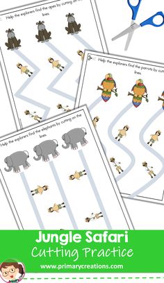 the jungle safari cutting practice worksheet with scissors and cut outs for children to use