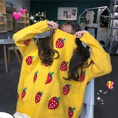 Kawaii & Harajuku strawberry pullover knit sweater.  We offer FREE and USPS shipping for USA and China Post for any other country in the world. Customer service is included in the price too!!  Color: black, blue, yellow; Size:  Length 70cm, Bust 124cm, Sleeve 58cm; (divide by 2.54 for the size in inches). Fruit Embroidery, Warm Knit Sweater, Plaid Jacket Women, Streetwear Girl, Black And White Coffee, Oversized Sweater Women, Sweater Autumn, Warm Sweater, Knitted Top