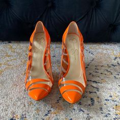 Gorgeous Jessica Simpson Pumps, Never Worn As They Fit About 1/2-1 Size Too Small Size 9.5 Probably More 8.5-9. I’m Obsessed With These And Sad To Sell. I Do Not Have A Box Spring Orange Patent Leather Heels, Clear Sandals, Floral Pumps, Jessica Simpson Heels, Glitter Pumps, Chunky Heel Pumps, Jessica Simpson Shoes Heels, Black Leather Pumps, Velvet Heels