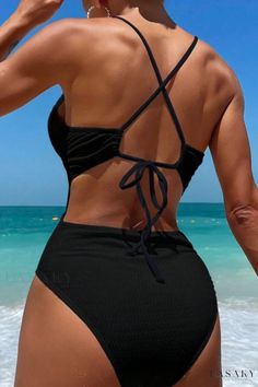 Lasaky - Chic Solid Bandage Backless Swimsuit with Integrated Padding Solid Backless Bodysuit For Vacation, Solid Color Backless Bodysuit For Vacation, Solid Backless One-piece For Vacation, Black Backless Bodysuit For Beach Party, One-piece Tie Back Bodysuit For Beach, One-piece Bodysuit With Tie Back For Beach, Black Backless Bodysuit With Tie Back, Stretch Tie Back Bodysuit For Beach, Stretch Bodysuit With Tie Back For Beach