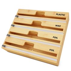 four drawers are labeled with plastic, wax, and foil