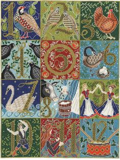 a cross stitch pattern with birds, swans and other animals on it's sides