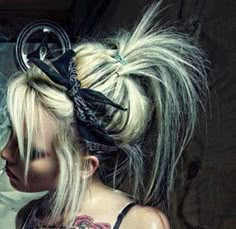 Punk Ponytail Hairstyles, Rocker Chic Hair Long, Punk Hair Women Long, Hair Styles For Rock Concert, Medium Rocker Hairstyles For Women, Rock N Roll Hairstyle Women, Rock Of Love Aesthetic, Emo Updo Hairstyles, Punk Updo