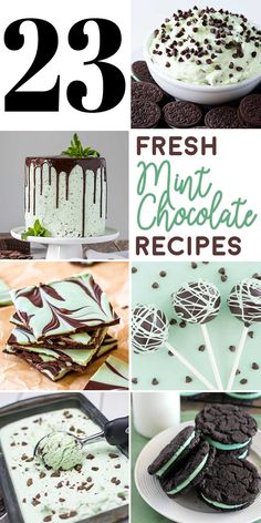 the collage shows different desserts with chocolate and mint green icing on them