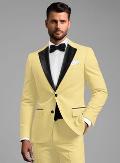 A bold take on wool suits, our Napolean Yellow Wool Tuxedo suit style helps create a slender silhouette while also remaining comfortable and versatile. Crafted from wool blend, the tuxedo makes a statement because of the color alone and you have to be ready for the attention you will attract wearing this outfit.   Featuring satin lapel, matching satin covered buttons and gentle texture at its surface, our tuxedo is a subtle fashion-forward take on a traditional tailoring.   Look Includes  Napolean Yellow Wool Fabric  Two Button Tuxedo Jacket Style  Notch Lapel  Black Tuxedo Buttons  Single Vent  Three Cuff Buttons  Two Welted Back Pockets on Trousers     You can change the look by changing the options listed.   Jacket is fully lined while the Pants do not have satin lining.   Super 140's W Yellow Tuxedo, Subtle Fashion, Grey Tweed Suit, Wool Suits, Peaky Blinders Suit, White Linen Suit, Herringbone Tweed Jacket, Green Velvet Jacket, Wool Jackets