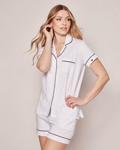 Premium 100% cotton twill makes this design crisp, comforting, and cozy. The moisture-wicking weave is yarn-dyed to help prevent fading, and brushed for added softness. Cotton twill becomes more buttery with every wash. Curl up in luxury and slip off to dreamland. Bonne nuit. Classic Cotton Sleepwear For Spring, Classic White Cotton Sleepwear, White Classic Sleepwear For Spring, Comfortable Cotton Tops For Daywear, White Relaxed Fit Cotton Sleepwear, Classic Cotton Summer Sleepwear, Classic White Relaxed Fit Sleepwear, White Sporty Sleepwear With Relaxed Fit, White Cotton Home Tops