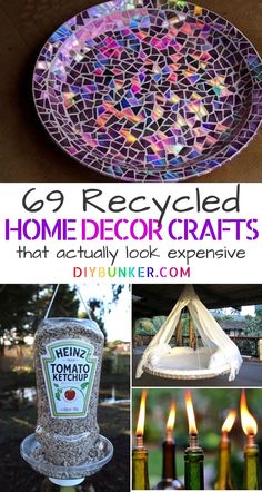 some crafts that are made with glass bottles and candles, including a mosaic plate in the shape