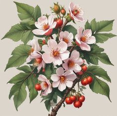 a painting of flowers and berries on a branch