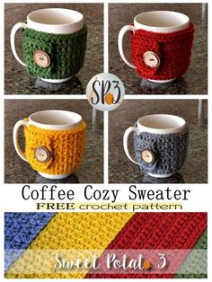 coffee cozy sweater crochet pattern with buttons on the front and side, in four different colors