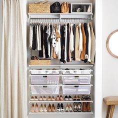 an organized closet with clothes and shoes