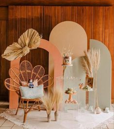 an assortment of decorative items on display in a room