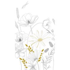 a drawing of flowers and leaves on a white background