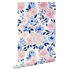 a floral wallpaper with blue, pink and white flowers on the outside of it