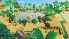 an animal crossing game in the middle of a tropical area with palm trees and other animals