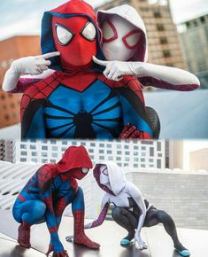 two photos of spider man and the same person in different outfits, one is pointing at something