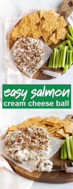 an easy salmon cream cheese ball with celery and crackers