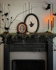 a mantel with candles, branches and pictures on it in front of a fireplace