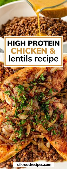 high protein chicken and lentils recipe with text overlay