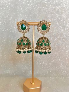 Gold/multi Indian Jhumka Earrings - Etsy Bollywood Green Bridal Earrings For Reception, Green Bridal Earrings For Reception And Festivals, Green Bridal Earrings For Wedding, Festive Green Bridal Earrings For Wedding, Green Danglers For Party And Festive Occasions, Elegant Green Jhumkas For Reception, Elegant Green Jhumkas For Wedding, Elegant Green Bridal Earrings For Reception, Green Chandbali Chandelier Earrings For Party