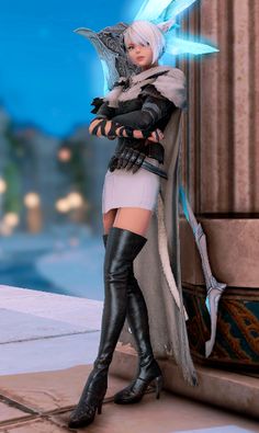 a woman with white hair and black boots standing next to a pillar