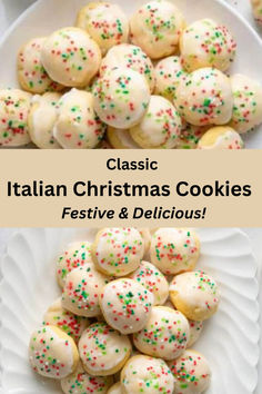 italian christmas cookies with sprinkles and white frosting on a platter