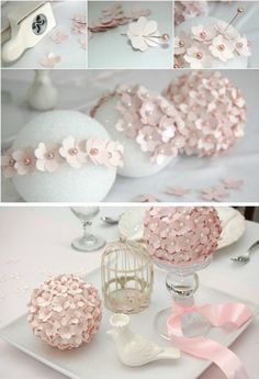 pink and white wedding decor with flowers on the top, vases in the background